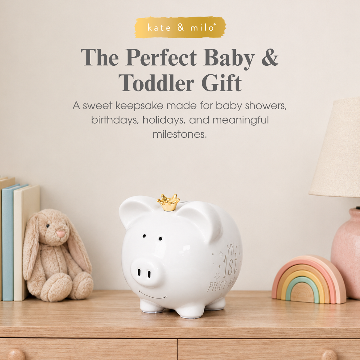 Large Ceramic My First Piggy Bank, White with Gold Crown