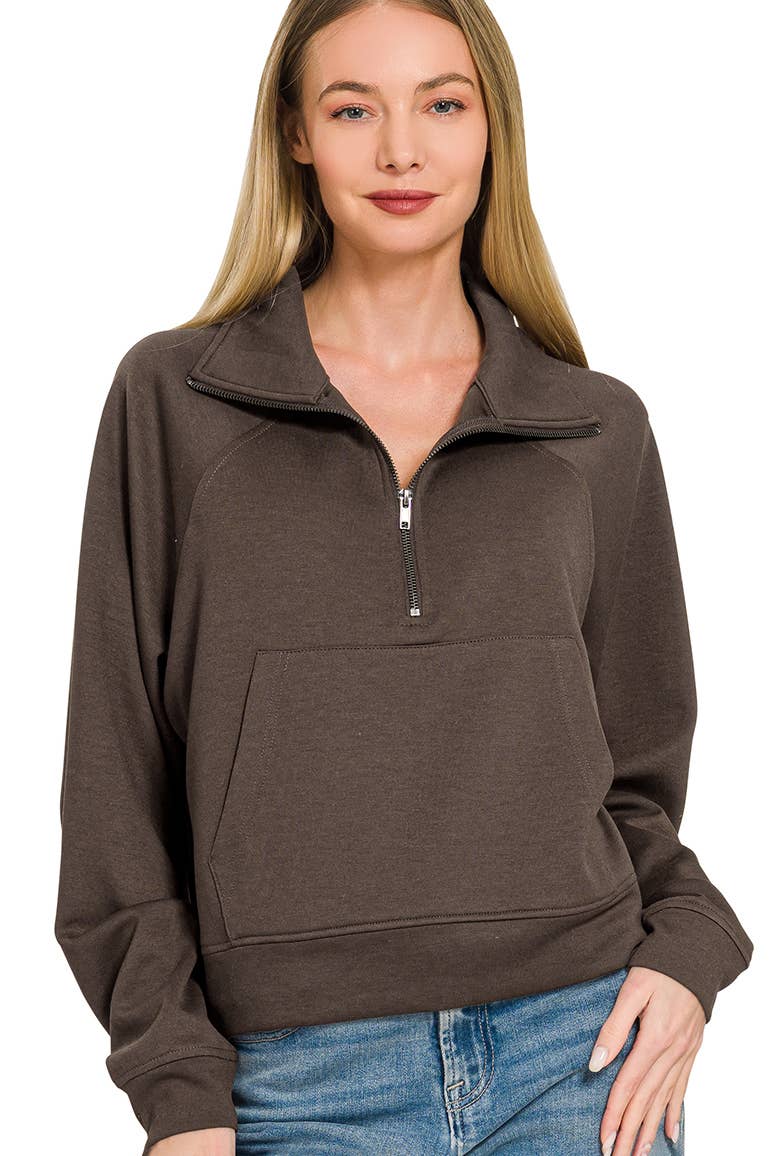 Scuba Half Zip Pullover With Kangaroo Pocket Zenana