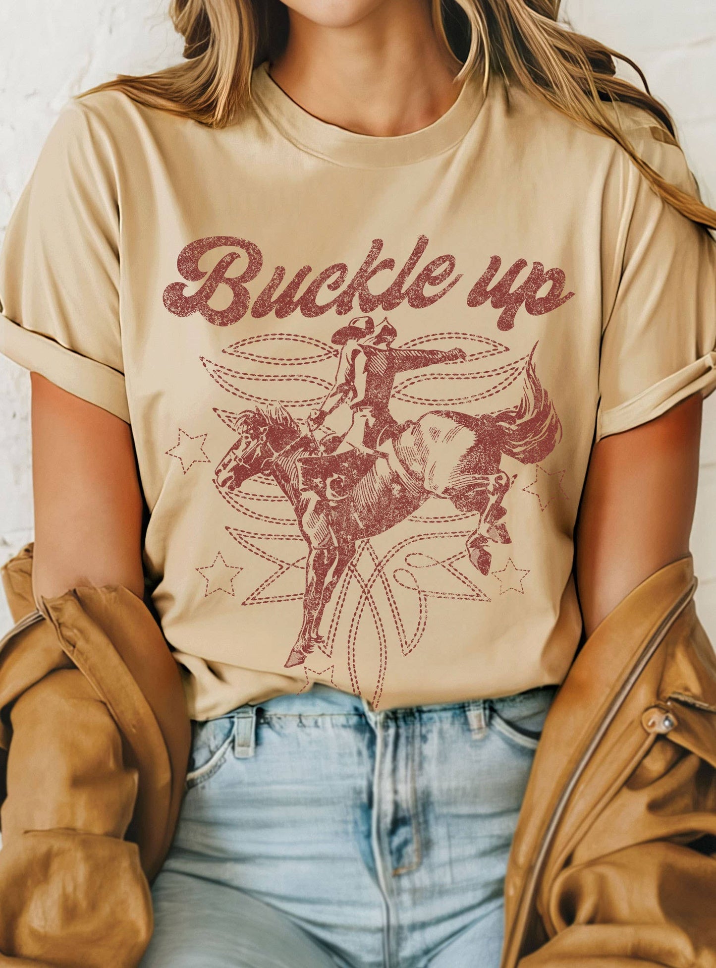 BUCKLE UP COWBOY BOOTS STITCH PATTERN GRAPHIC TEE