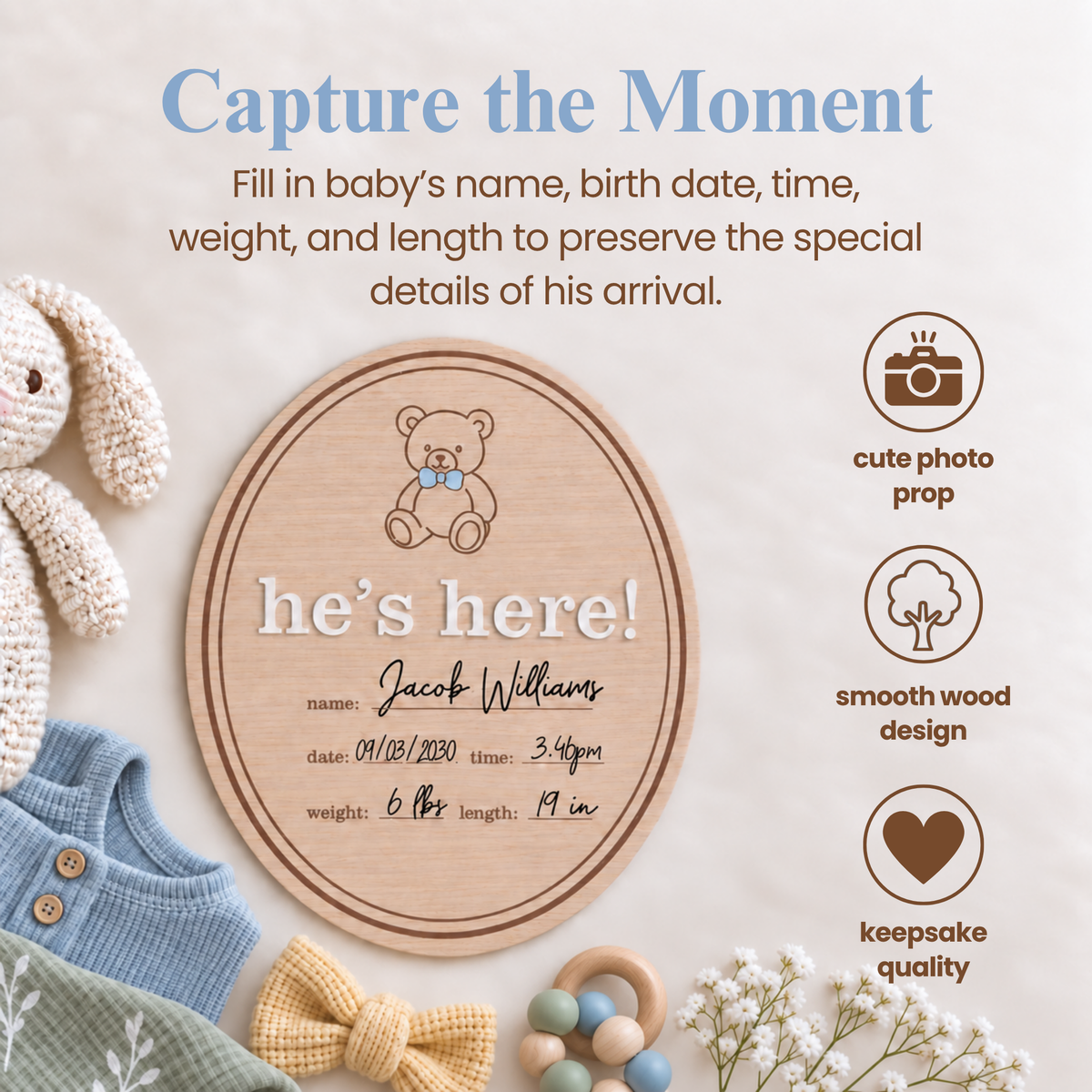 Wooden Birth Announcement Fill-In Photo Prop, He's Here