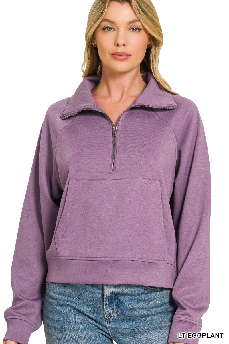Scuba Half Zip Pullover With Kangaroo Pocket Zenana