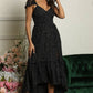 F4F96-FQ00 V NECK SMOCKED WAIST MID LENGTH DRESS WITH LACE U