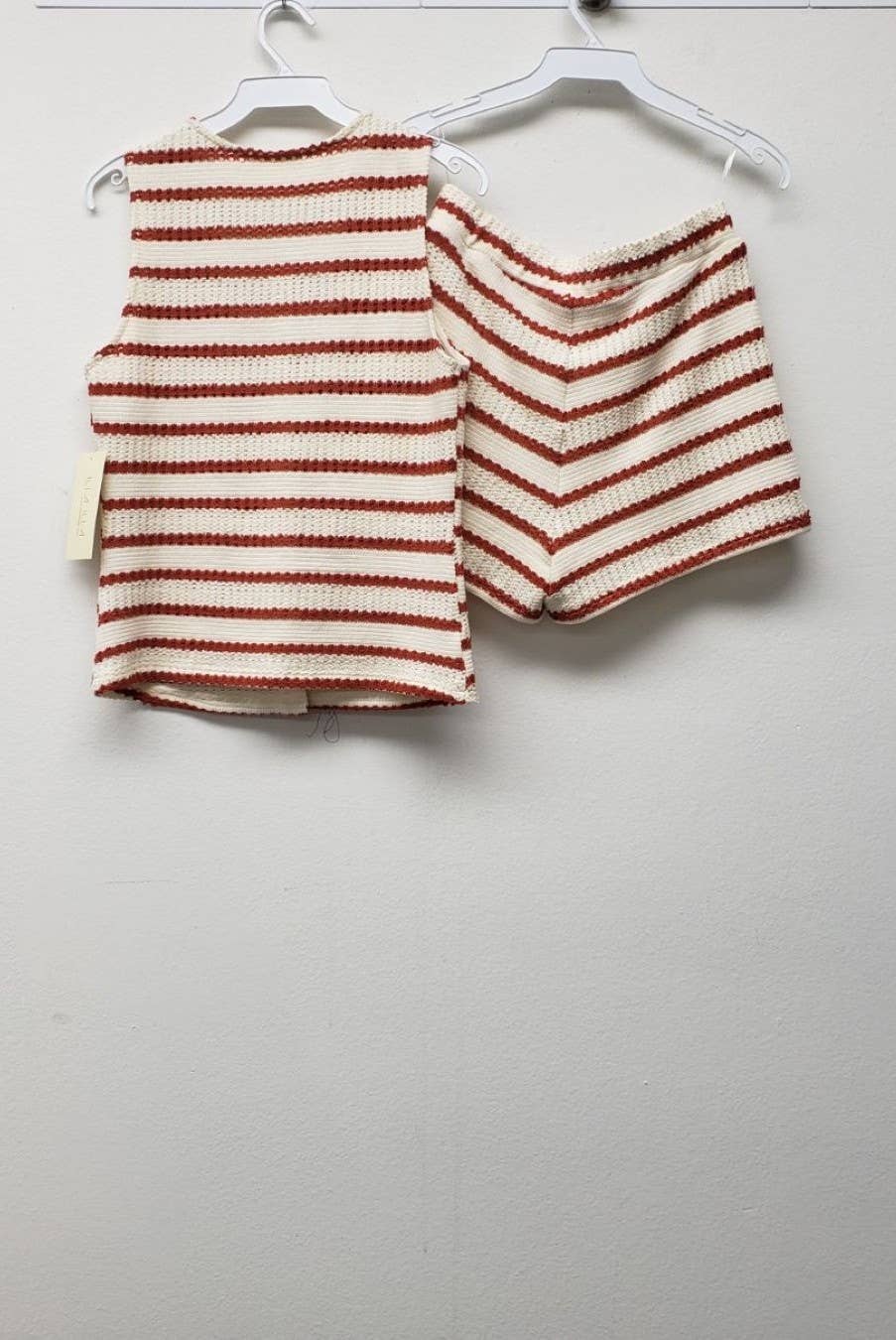 IT1174 -Striped Knit Crochet Two Piece Short Set: RED / S