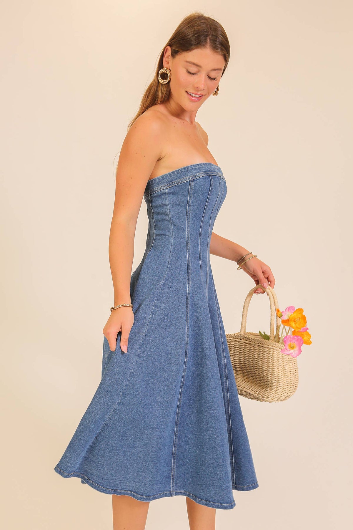 Strapless Stretch Denim Midi Dress