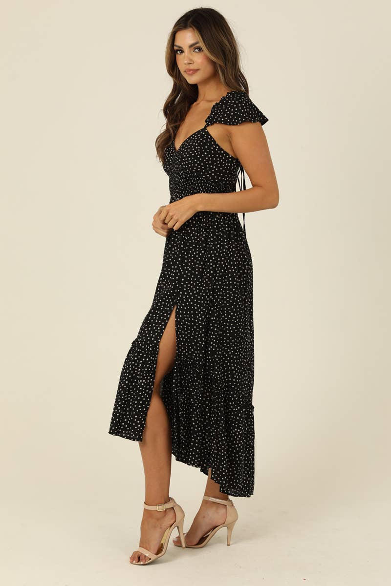 F4F96-FQ00 V NECK SMOCKED WAIST MID LENGTH DRESS WITH LACE U