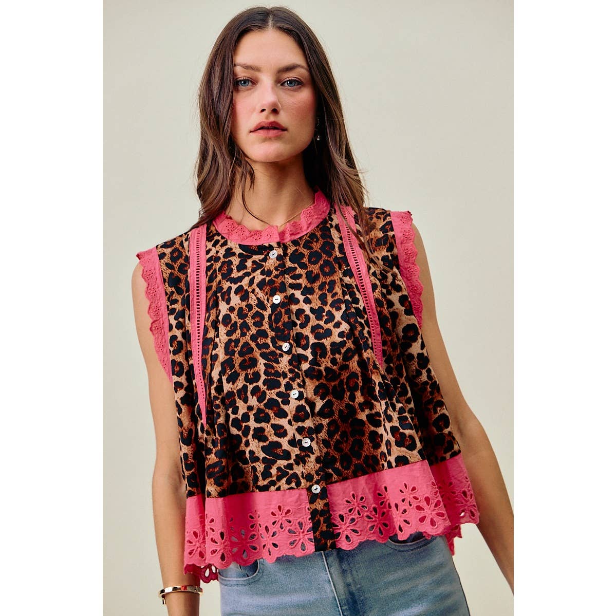 LEOPARD BUTTON UP PLEATED SLEEVELESS BLOUSE TOP