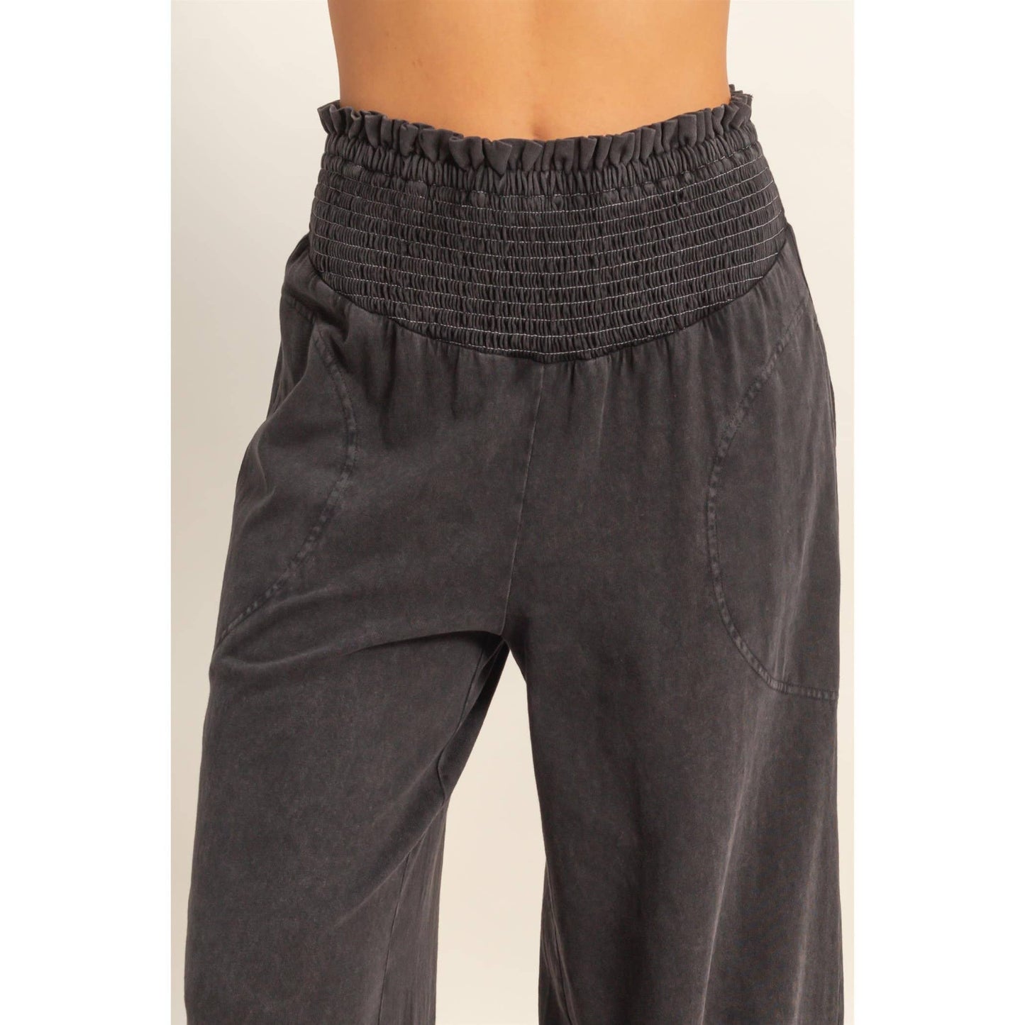 Mineral Washed Wide-Leg Smocked Waist Pants