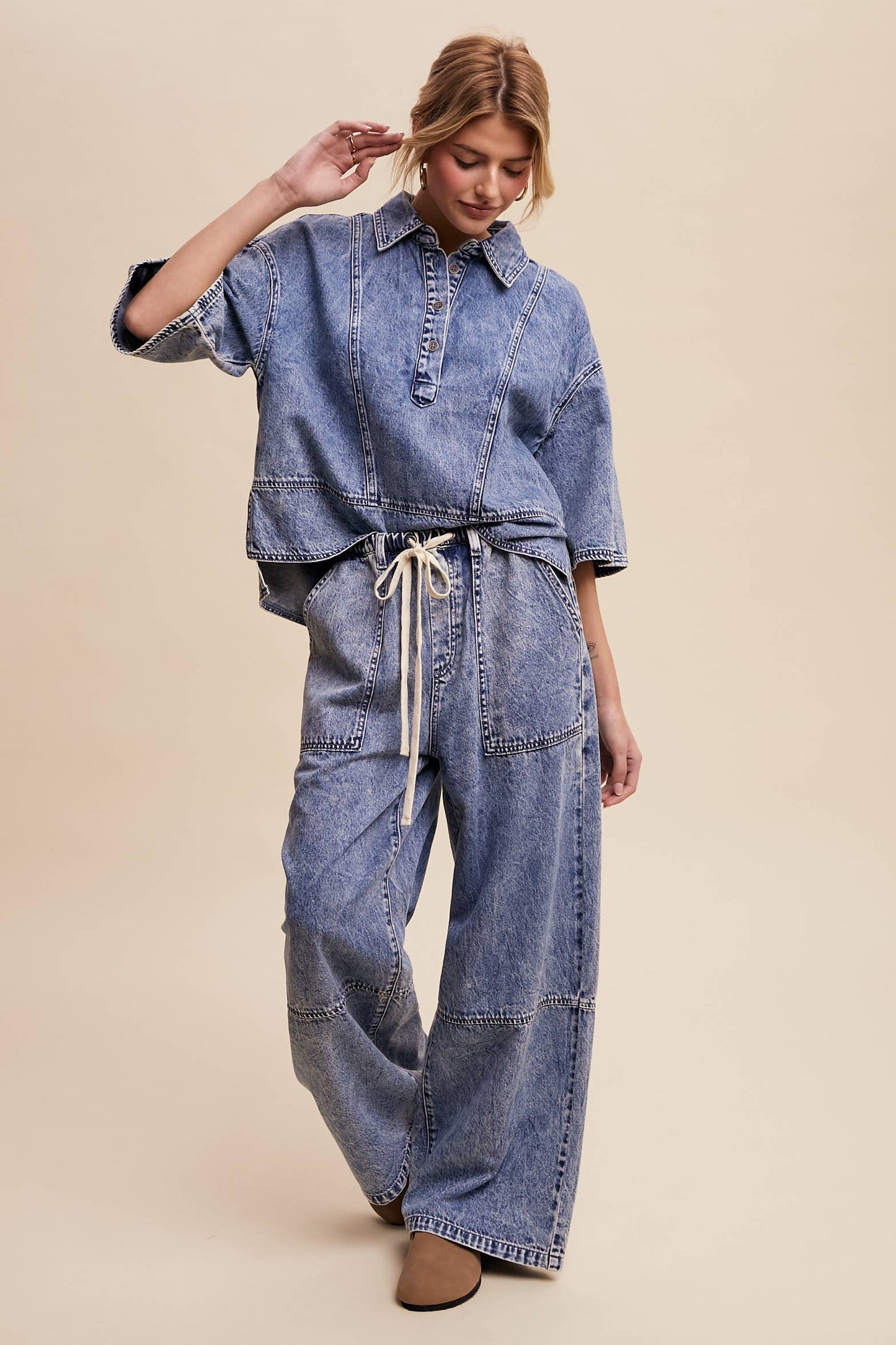 Wide-Leg Denim Drawstring Pants LP0256