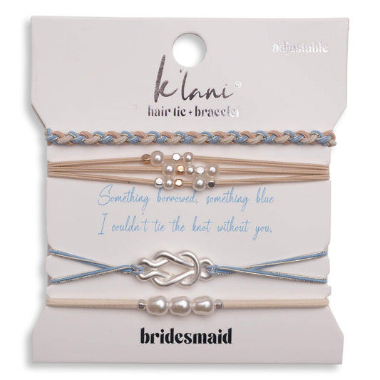 "Bridesmaid" Cream & Blue with Pearl Accent Adjustable Hair Tie Bracelets