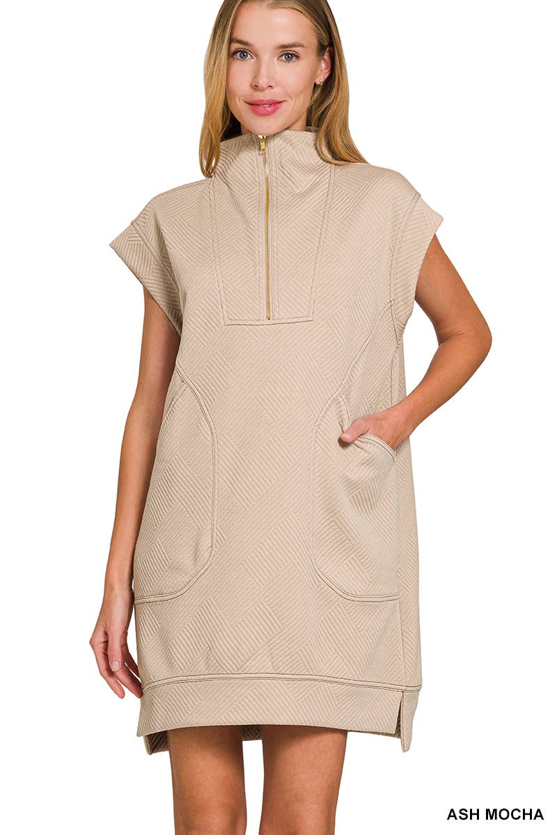 Textured Knit Jacquard Quarter Zipper Dress Zenana