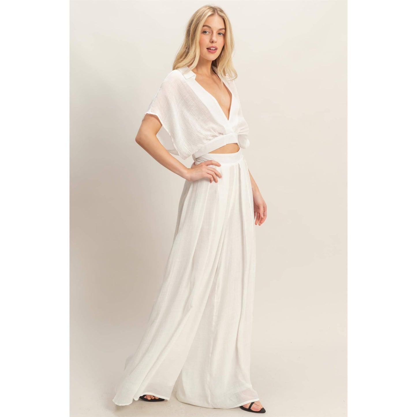 Collared Wrap Top & Wide-Leg Pants Set