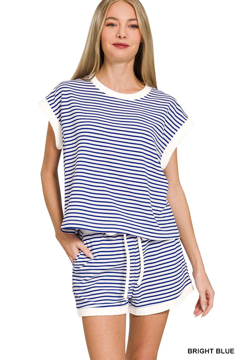 ....Stripe Contrast Trim Top & Shorts Set