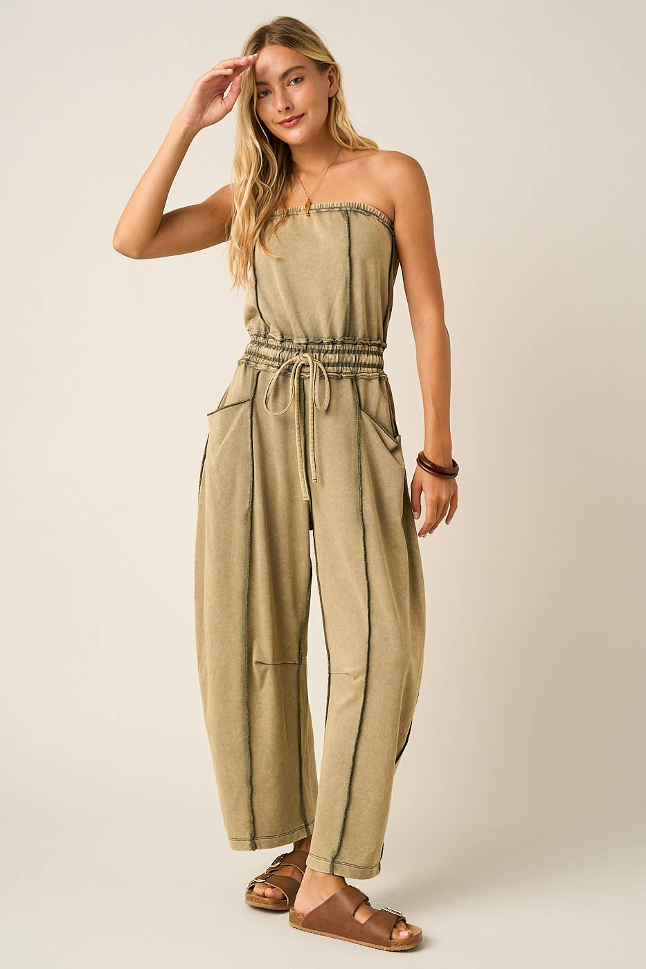 MINERAL WASH CONTRAST STITCH BARREL LEG JUMPSUIT