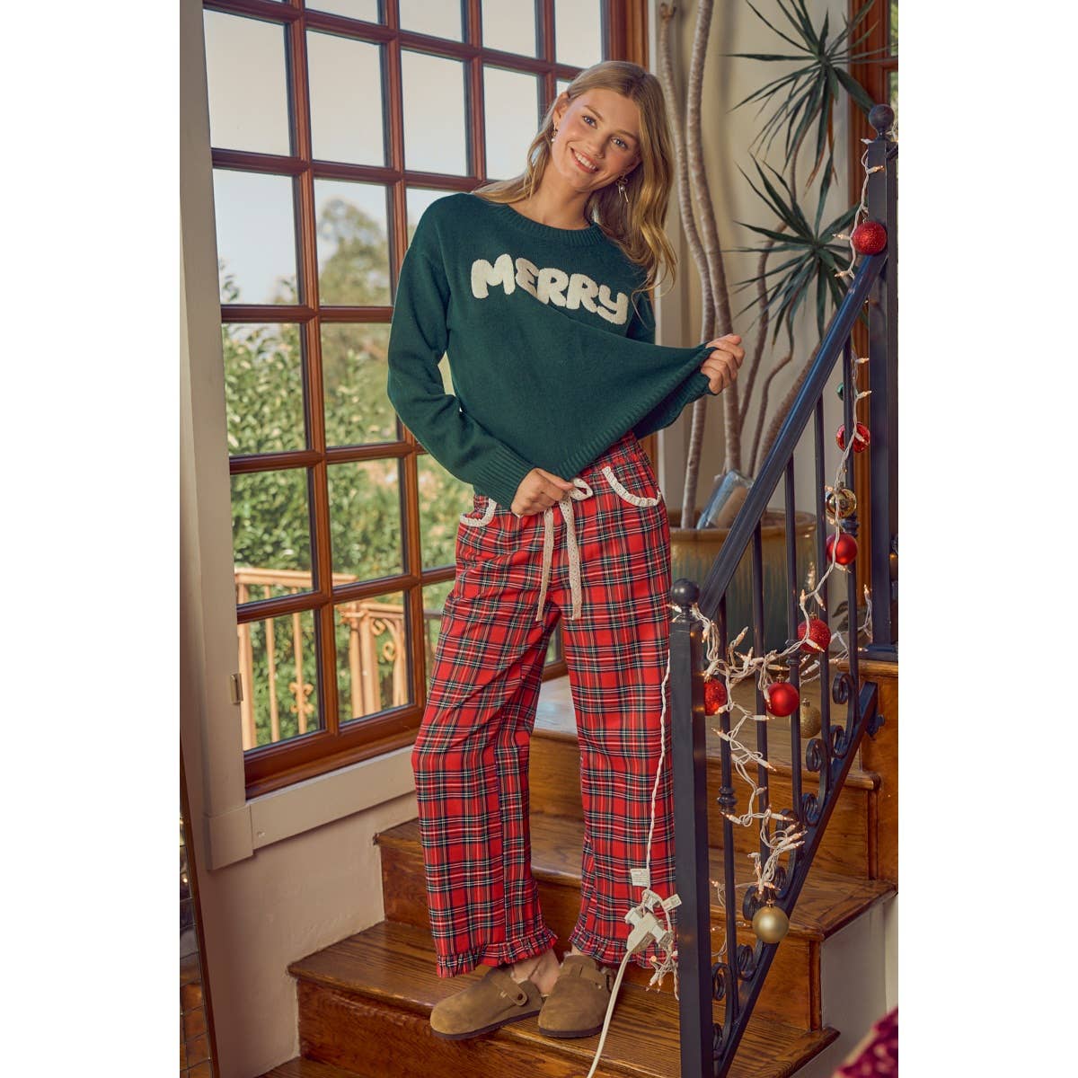 RUFFLED BOTTOM DETAIL CHRISTMAS PLAID CHECK LACE TRIM PANTS