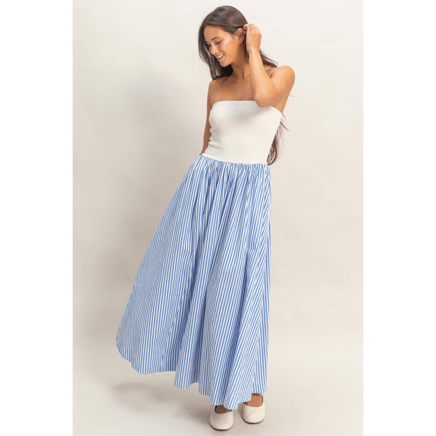 Striped Strapless Flowy Midi Dress