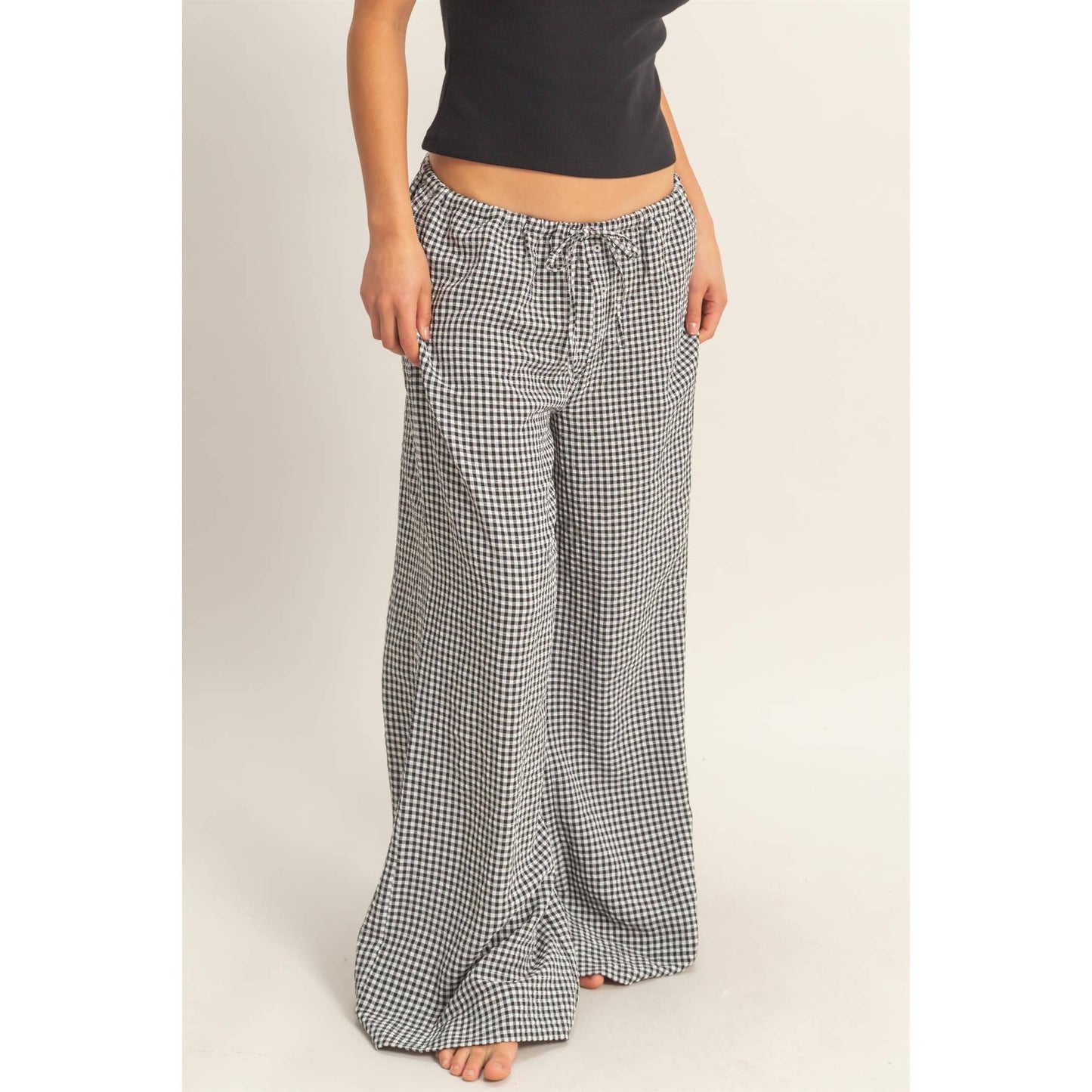 Gingham Drawstring Wide-Leg Pants