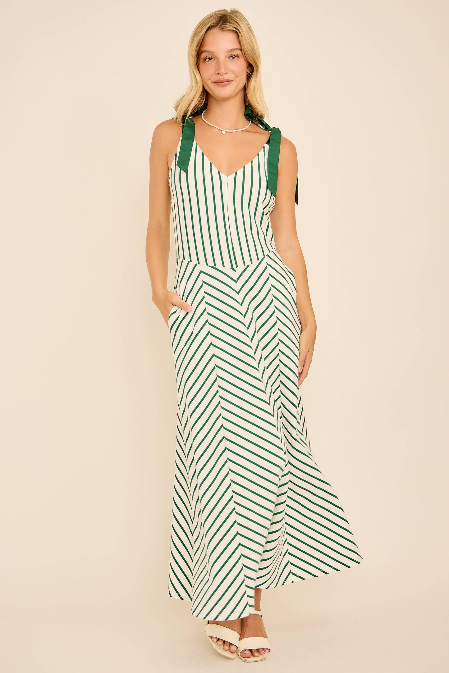 A-line long midi cotton knit dress with stripe