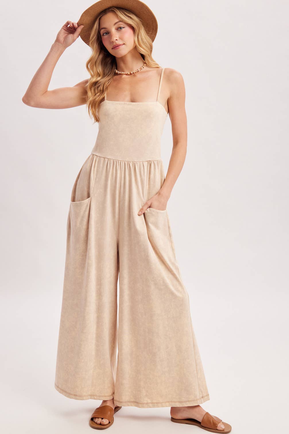 WASHED SLEEVELESS WIDE LEG JUMPSUIT