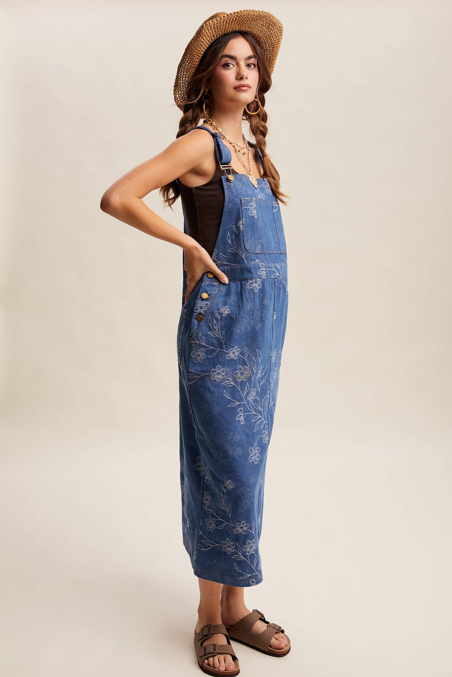 Floral Embroidered Denim Overall Dress LD1615