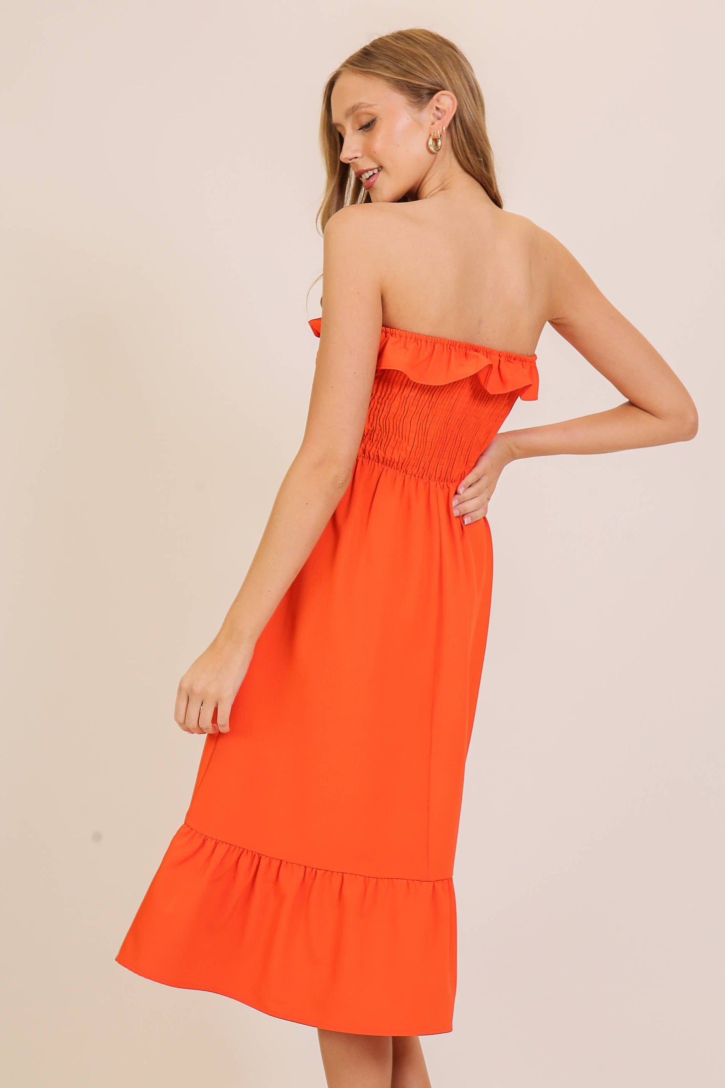 Strapless Smocked Midi Dress