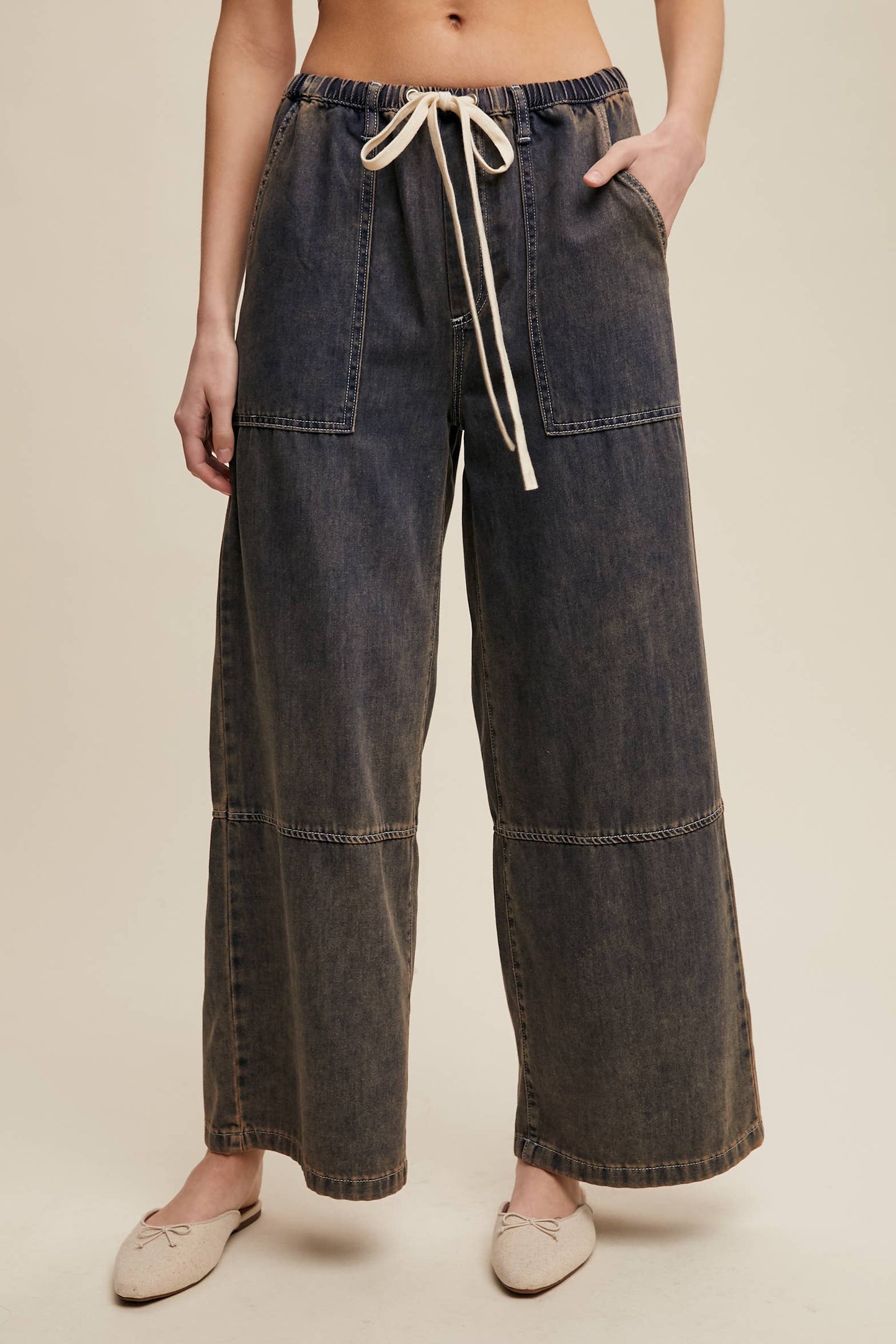 Wide-Leg Denim Drawstring Pants LP0256