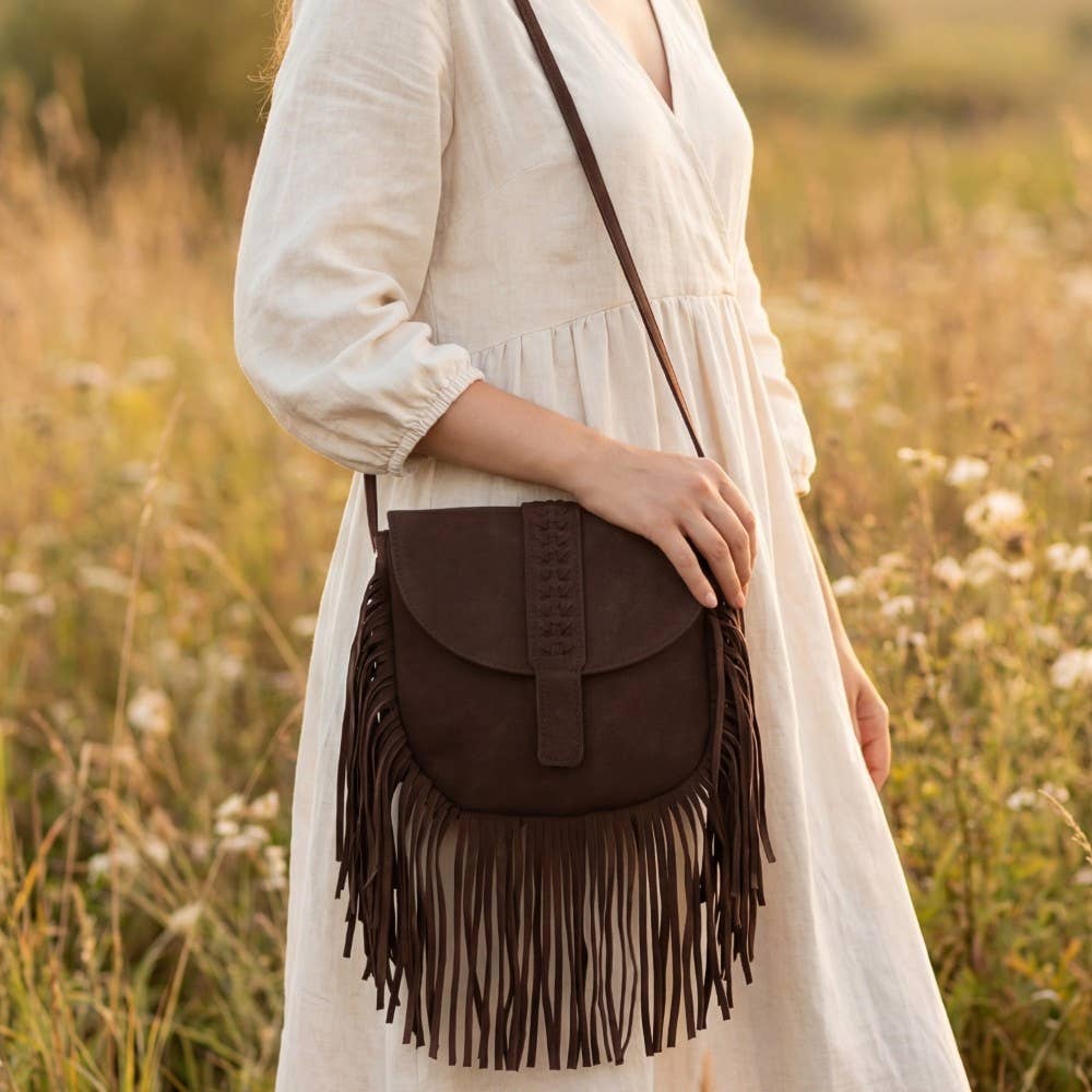 Suede Fringe Flap Boho Crossbody Bag