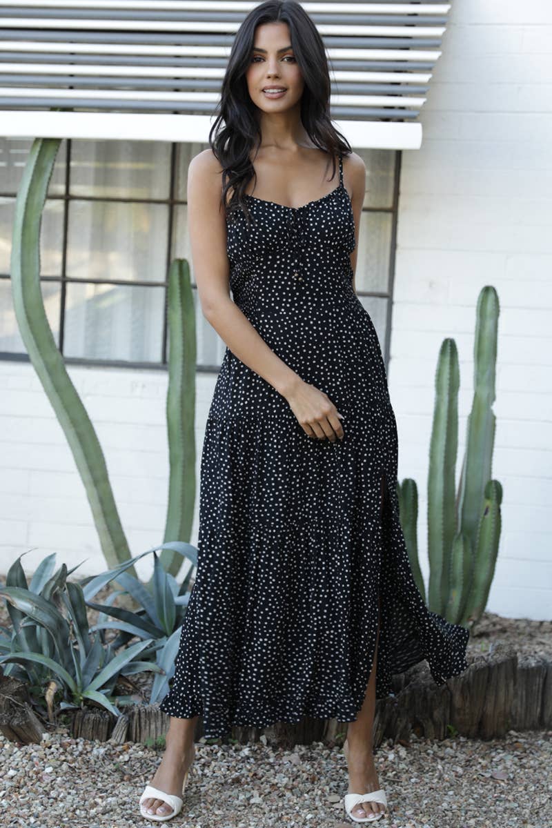 C4C84-FQ00 POLKA DOT SIDE SLIT MAXI DRESS