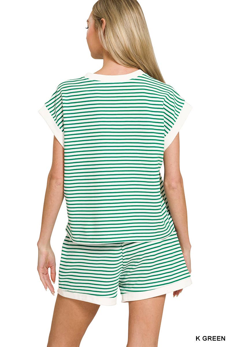 ....Stripe Contrast Trim Top & Shorts Set