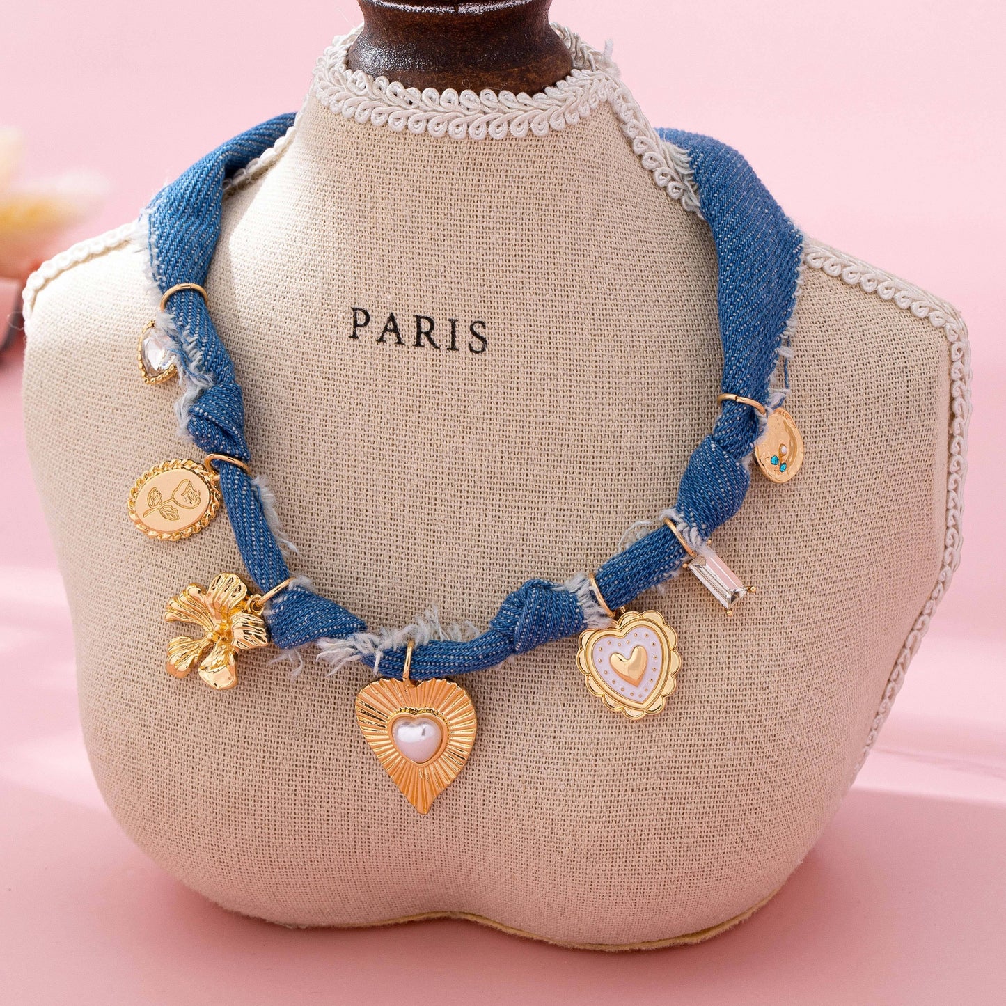 Distressed Denim Heart Floral Charm Necklace | 80N92861