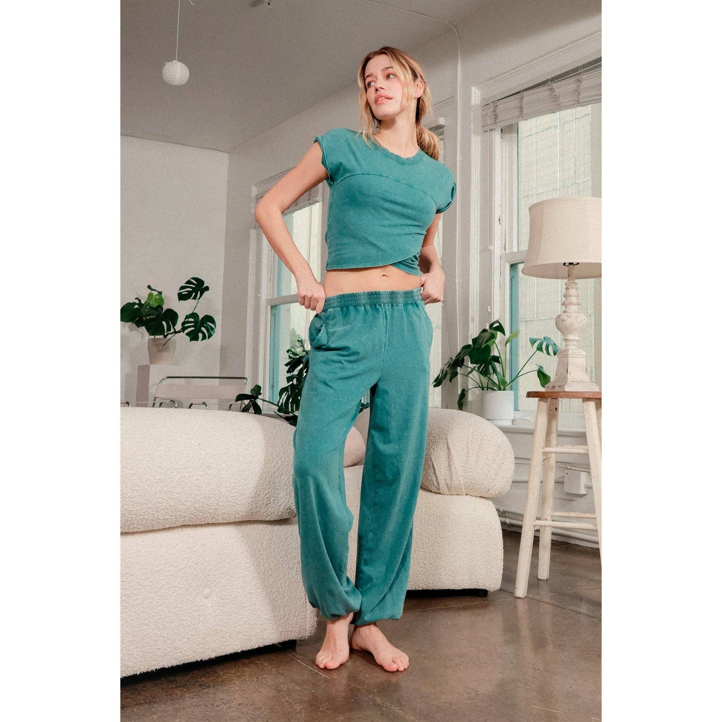 Rolled Sleeve Wrap-Front Crop Top And Jogger Set