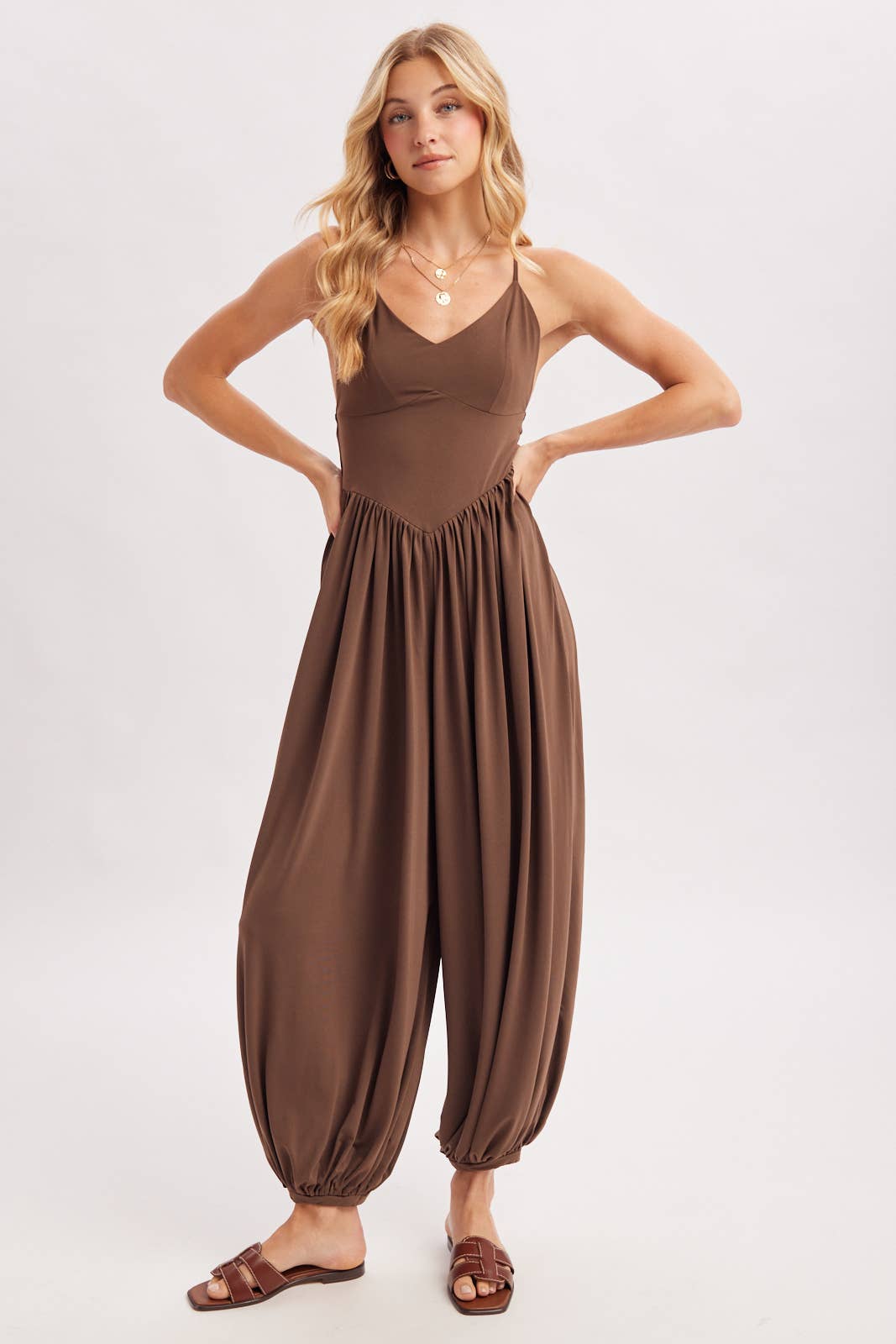 V-NECK RELAXED FLOWY LEGS JUMPSUIT CRISS-CROSS OPEN BACK