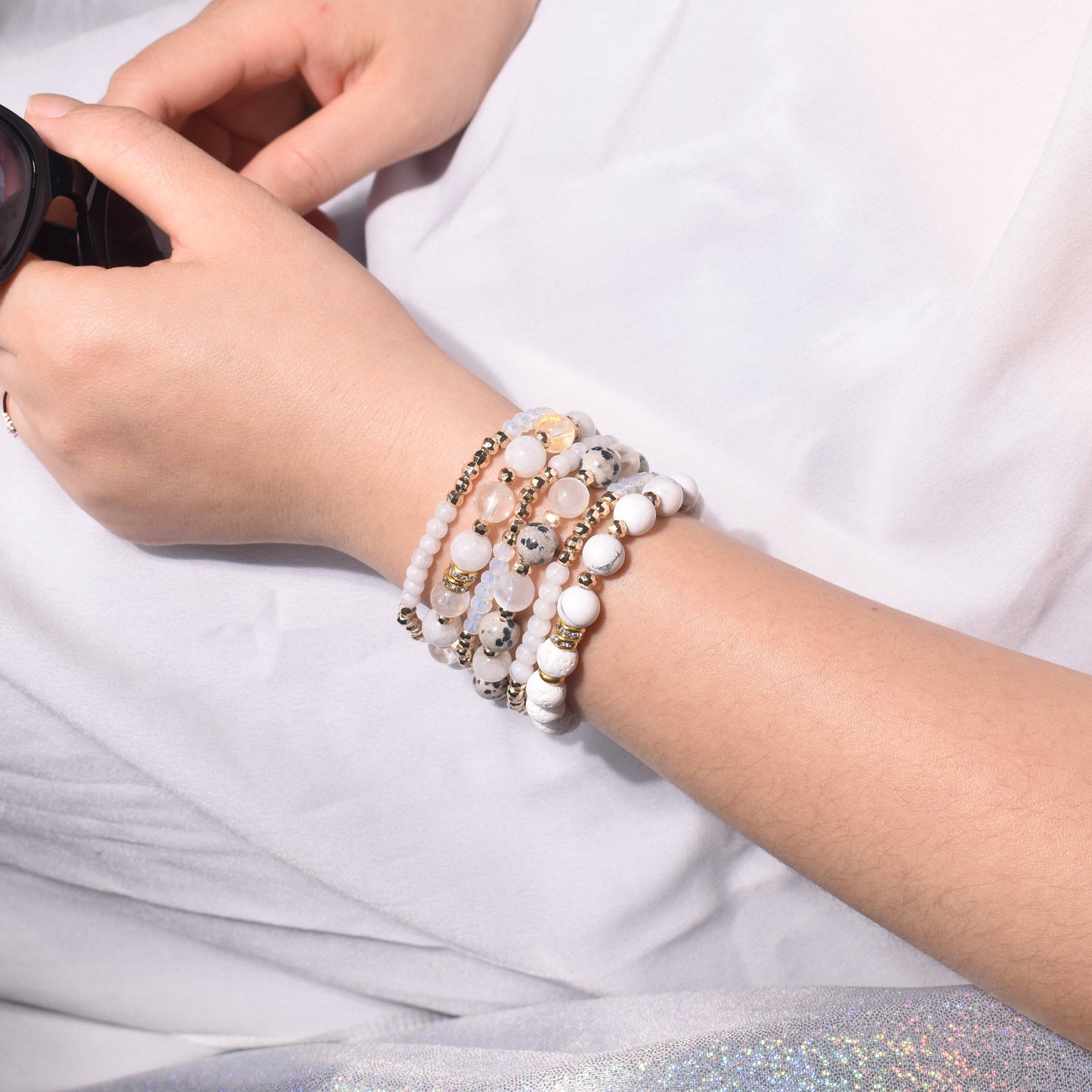 Divine Light Moonstone Selenite Quartz BYOB Bracelet Stack
