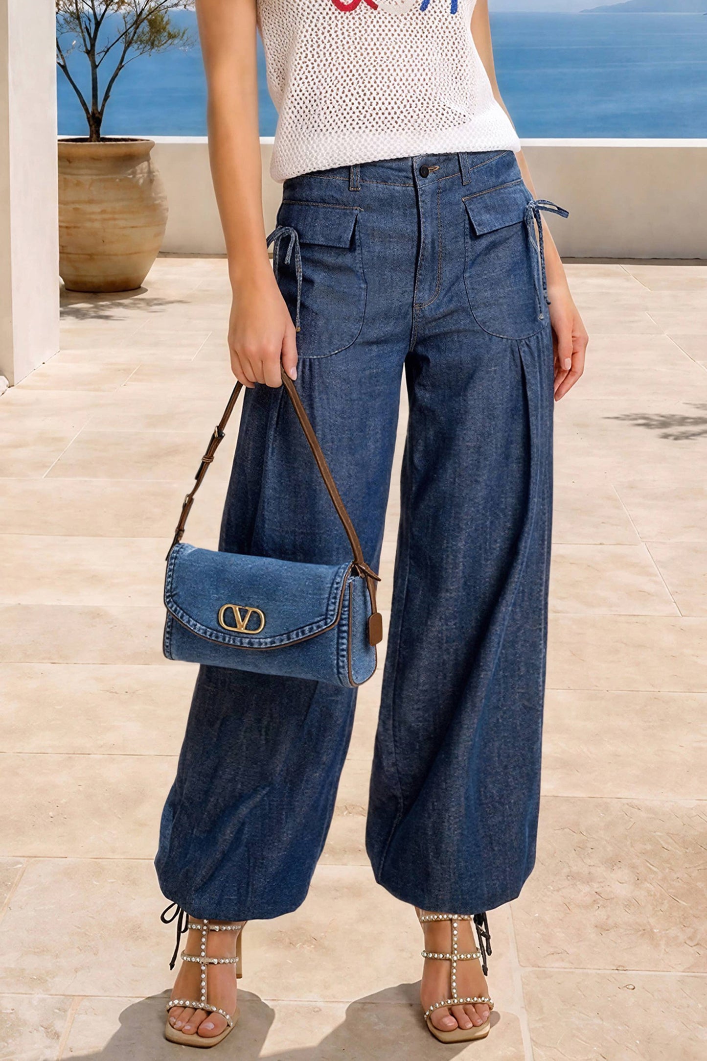 Dual-Style Wide-Leg and Cinched Jogger Denim Pants