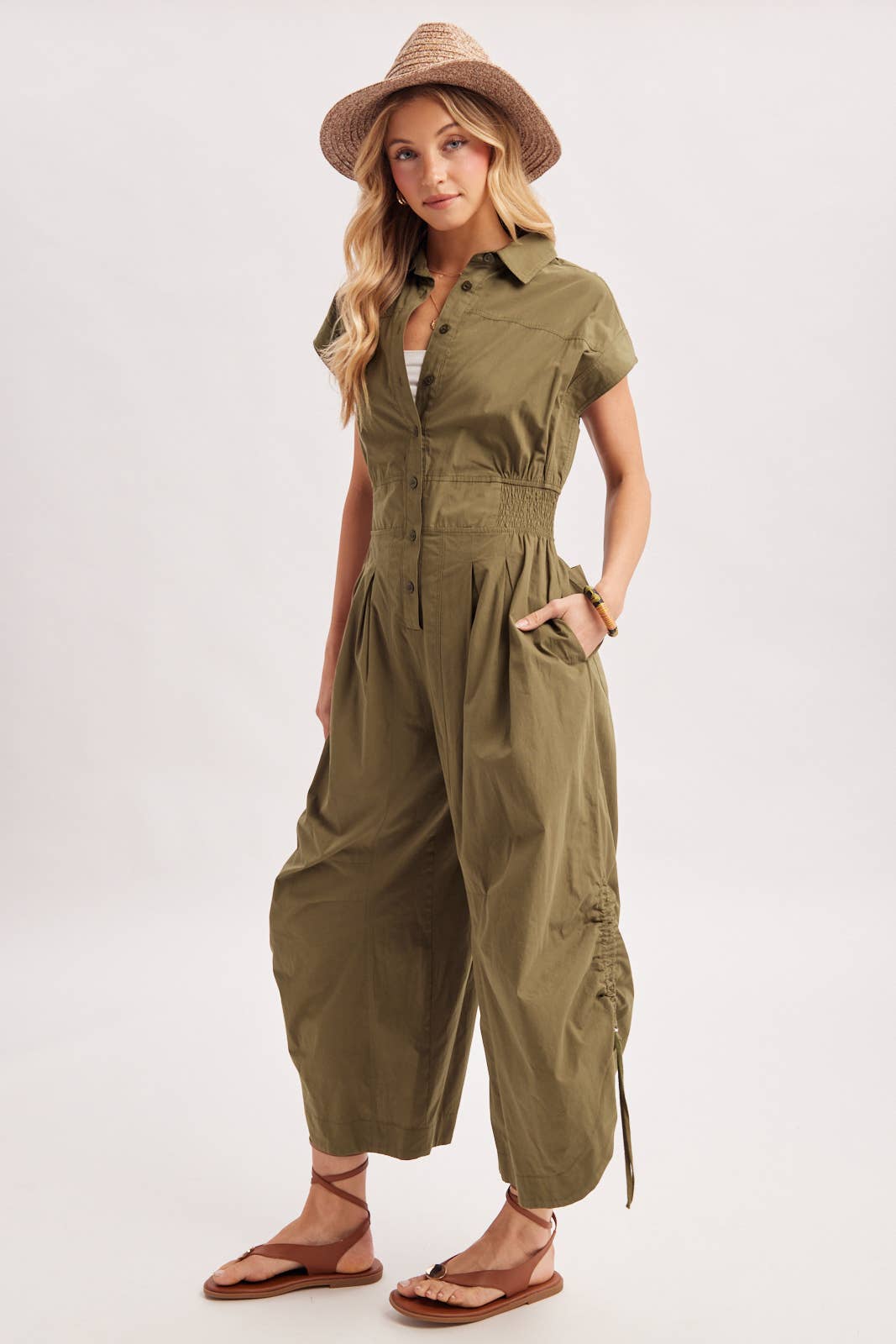 BUTTON DOWN UTILITY SHIRTING JUMPSUIT