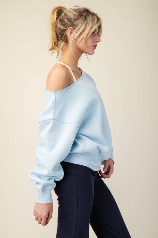 T689937 OFF SHOULDER FRENCH TERRY FLEECE TOP