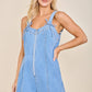 Denim Zip Front Tie Strap Romper – Light Wash