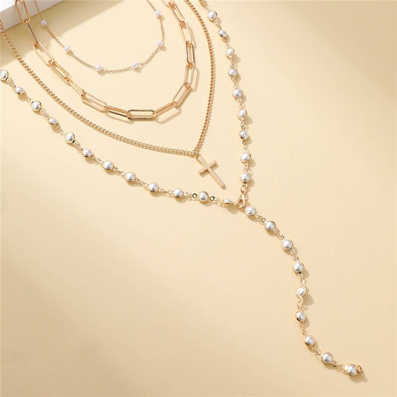 Layered Gold & Pearl Cross Statement Necklace Set | 40NK9673