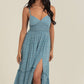 C4729-W804 V NECK LACE UP BACK SIDE SLIT MAXI DRESS