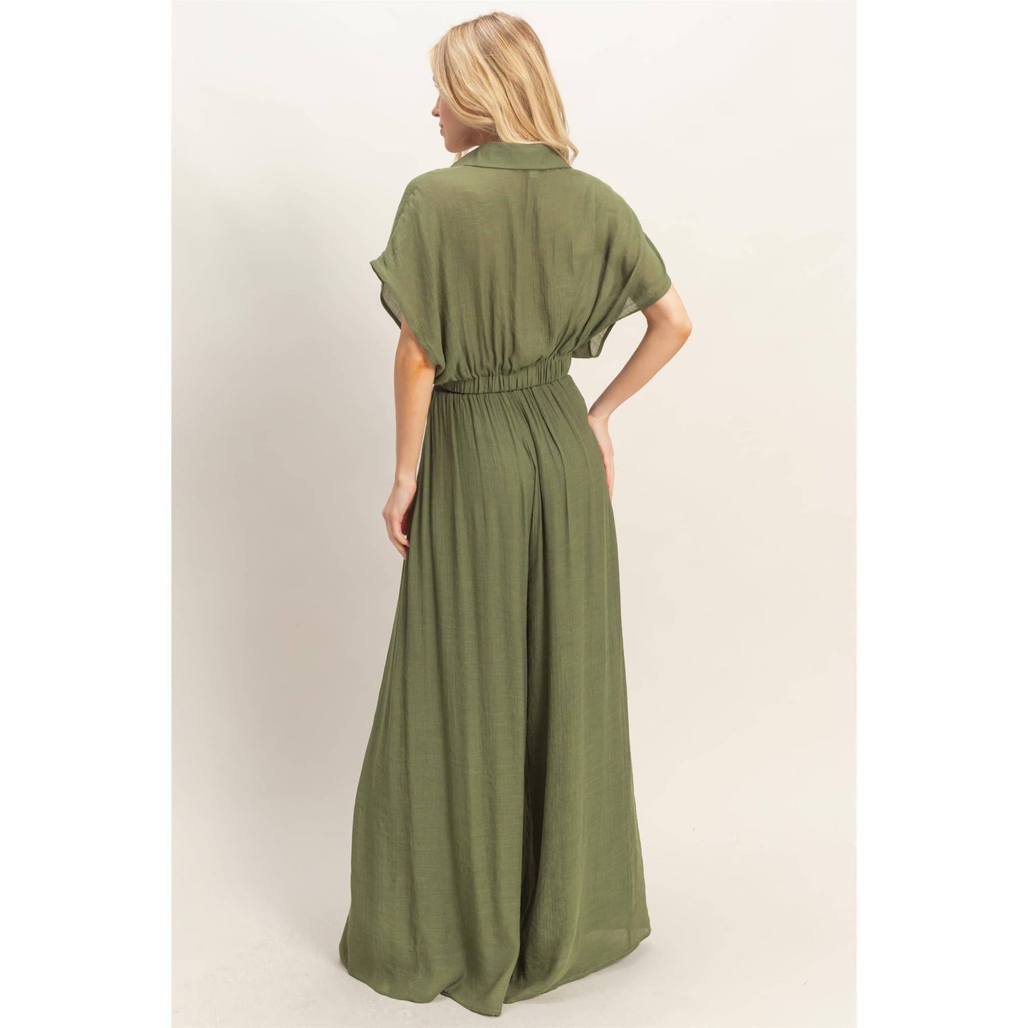 Collared Wrap Top & Wide-Leg Pants Set