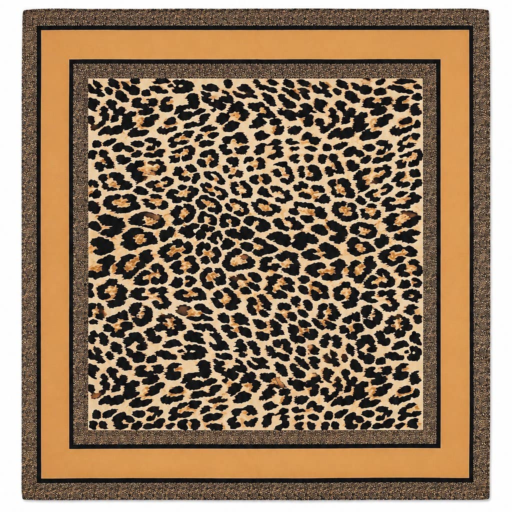 Leopard Print & Geometric Border Silky Neck Scarf | 40SC734