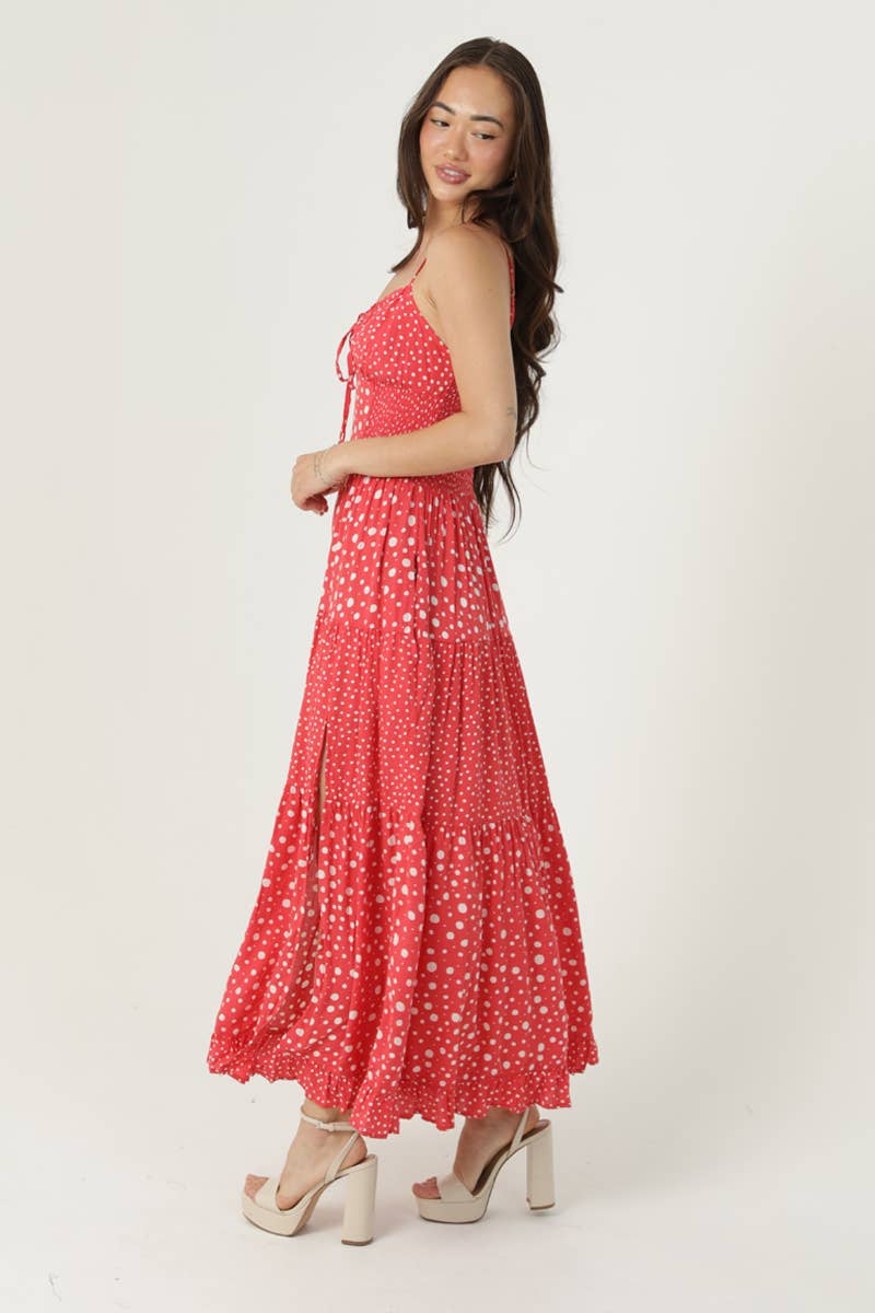 C4C84-FQ00-AA25 MIX POLKA DOTS MAXI DRESS WITH SIDE SLIT AND