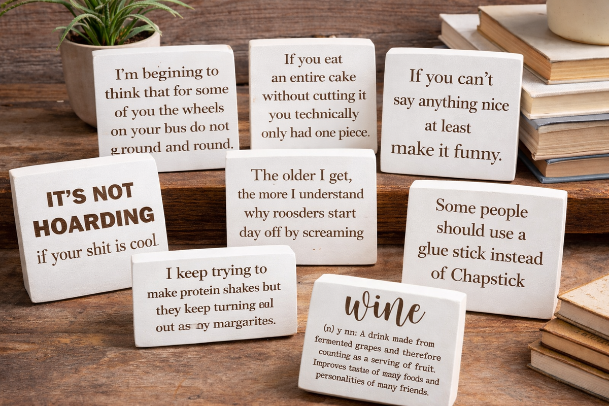 Roosters Reflections and Morning Thoughts- Funny Wood Block Signs – Snarky Shelf &amp; Desk Decor