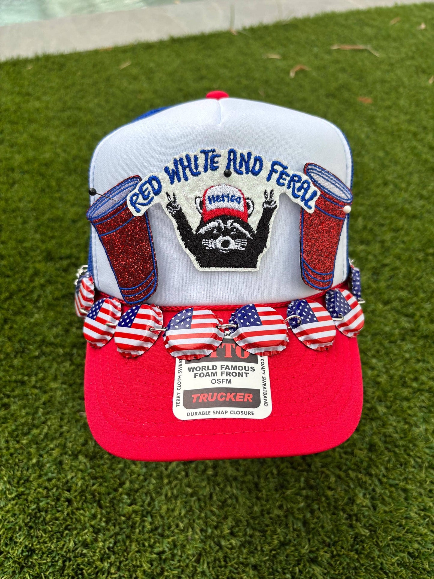 Trendy Red White and Feral Raccoon Glitter Patch