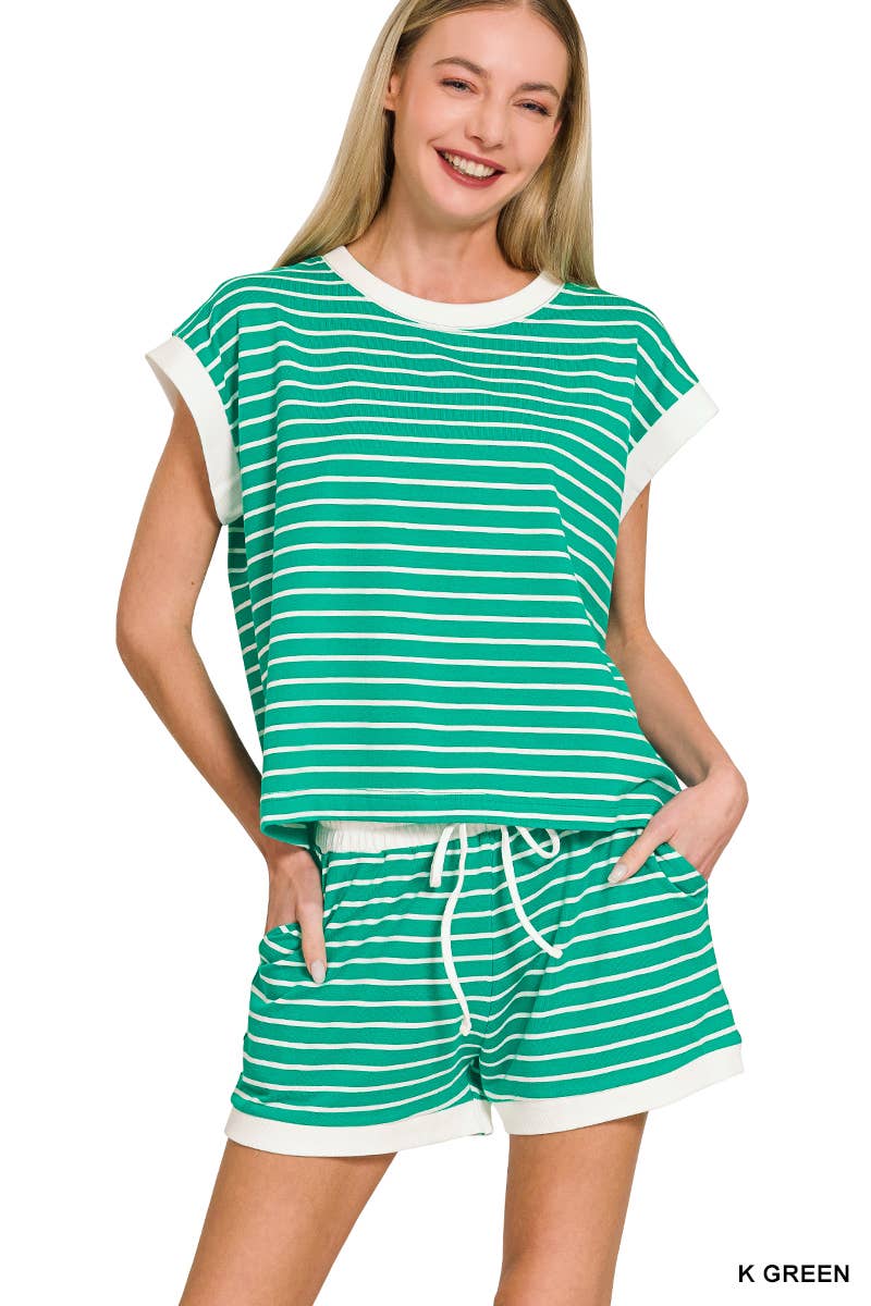 ...0223 Stripe Contrast Trim Top & Shorts Set SI-29132