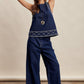 Embroidered Denim Tank & Wide-Leg Pants Set