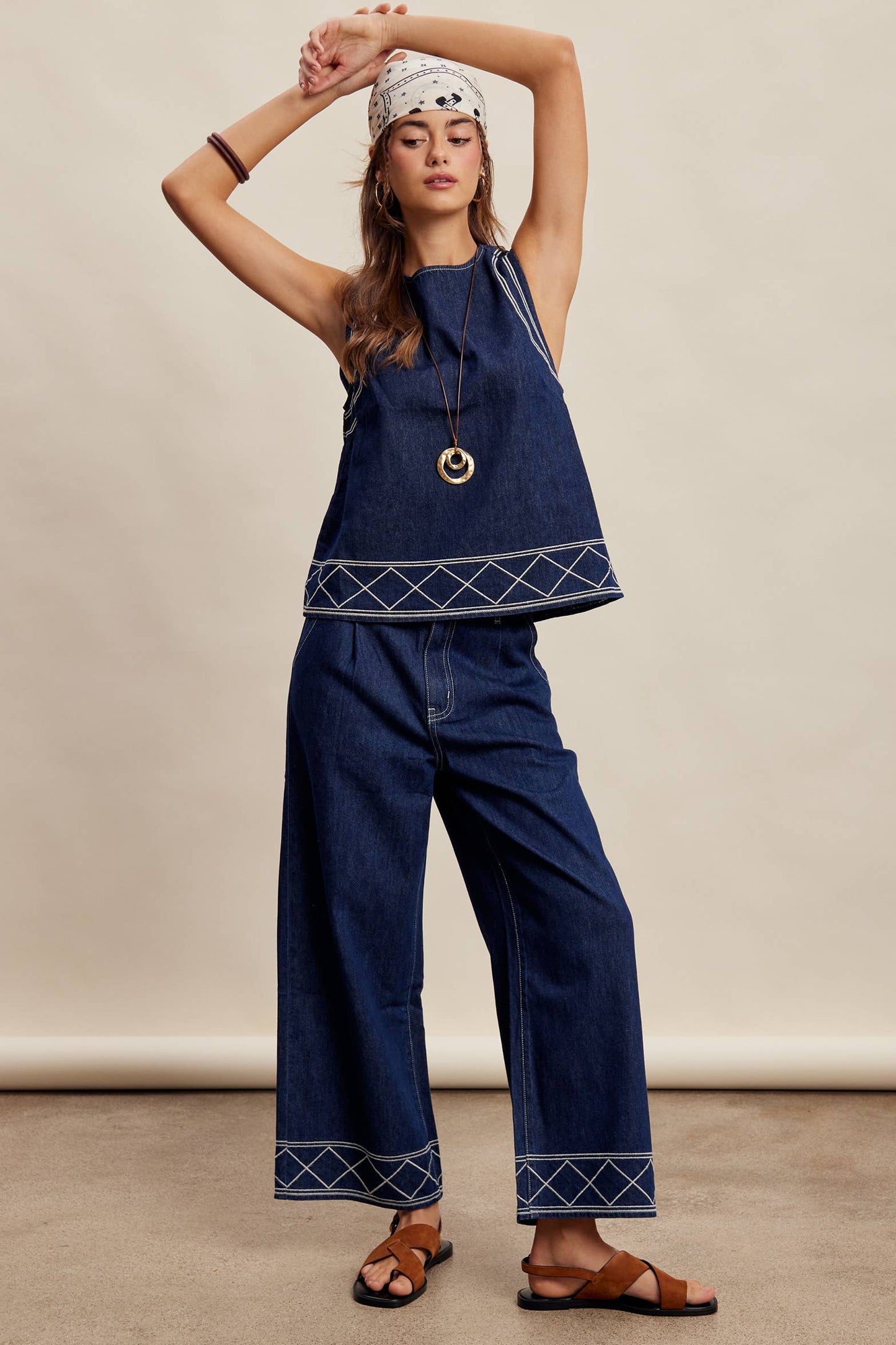 Embroidered Denim Tank & Wide-Leg Pants Set