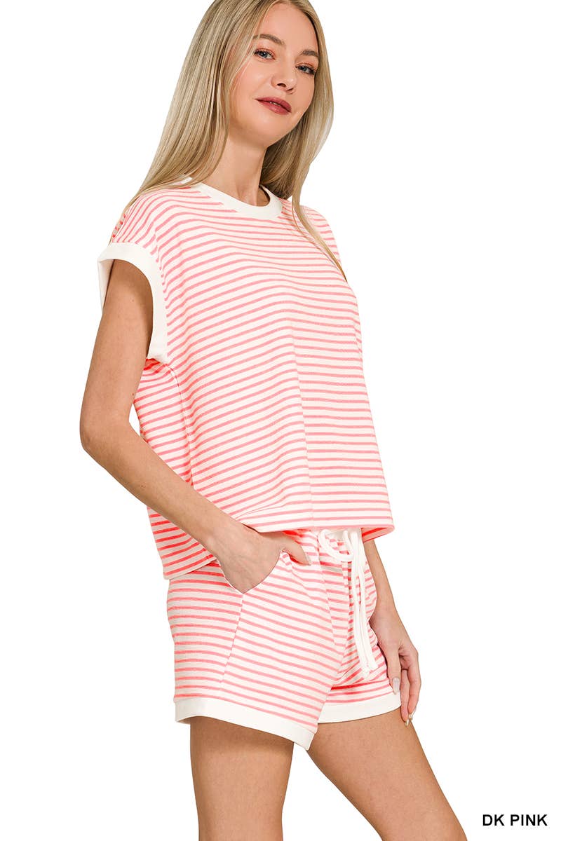 ....Stripe Contrast Trim Top & Shorts Set