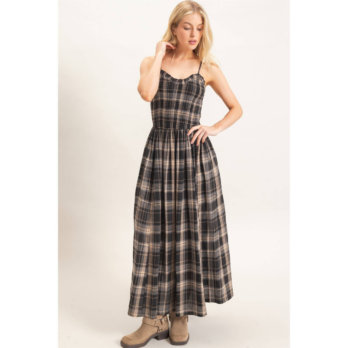Plaid Smocked Maxi Dress