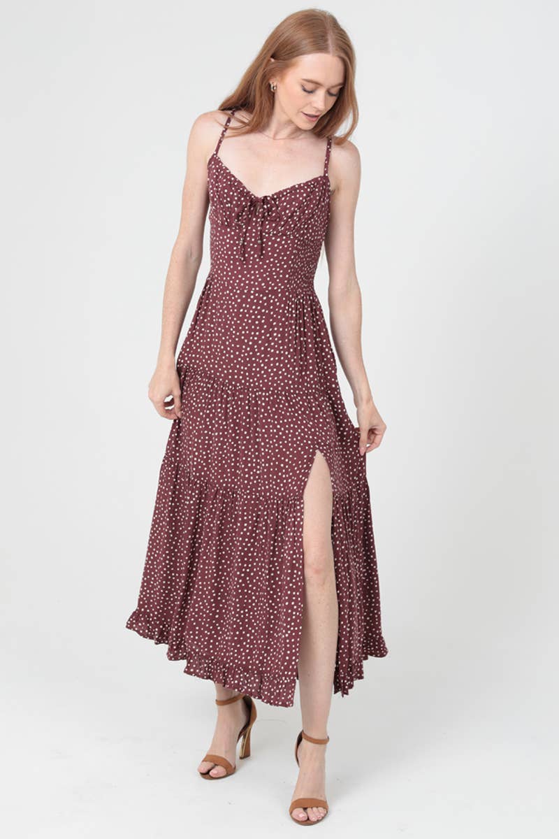 C4C84-FQ00 POLKA DOT SIDE SLIT MAXI DRESS