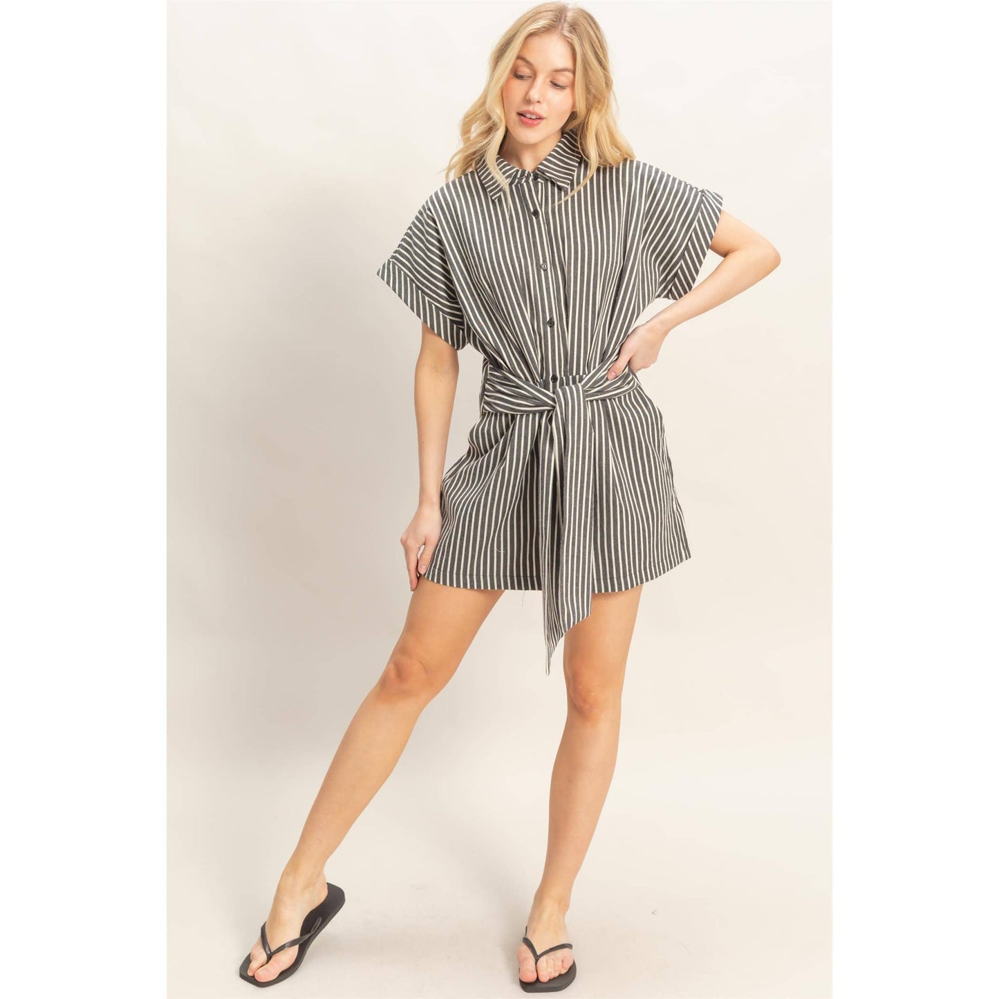 Collared Striped Romper With Sash